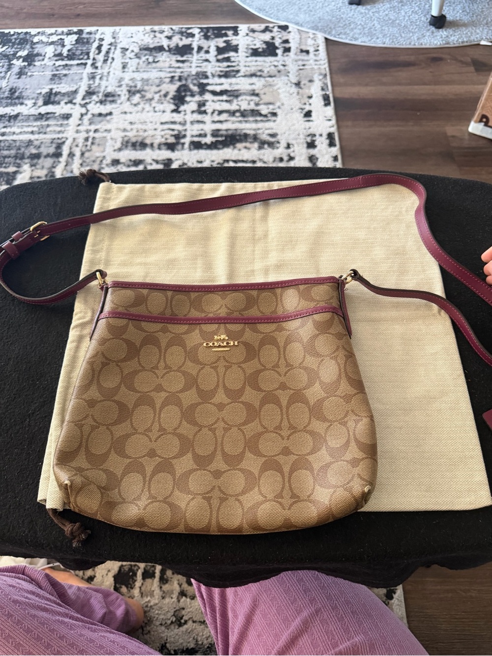 Coach Brown Signature Canvas Crossbody with Burgundy Trim